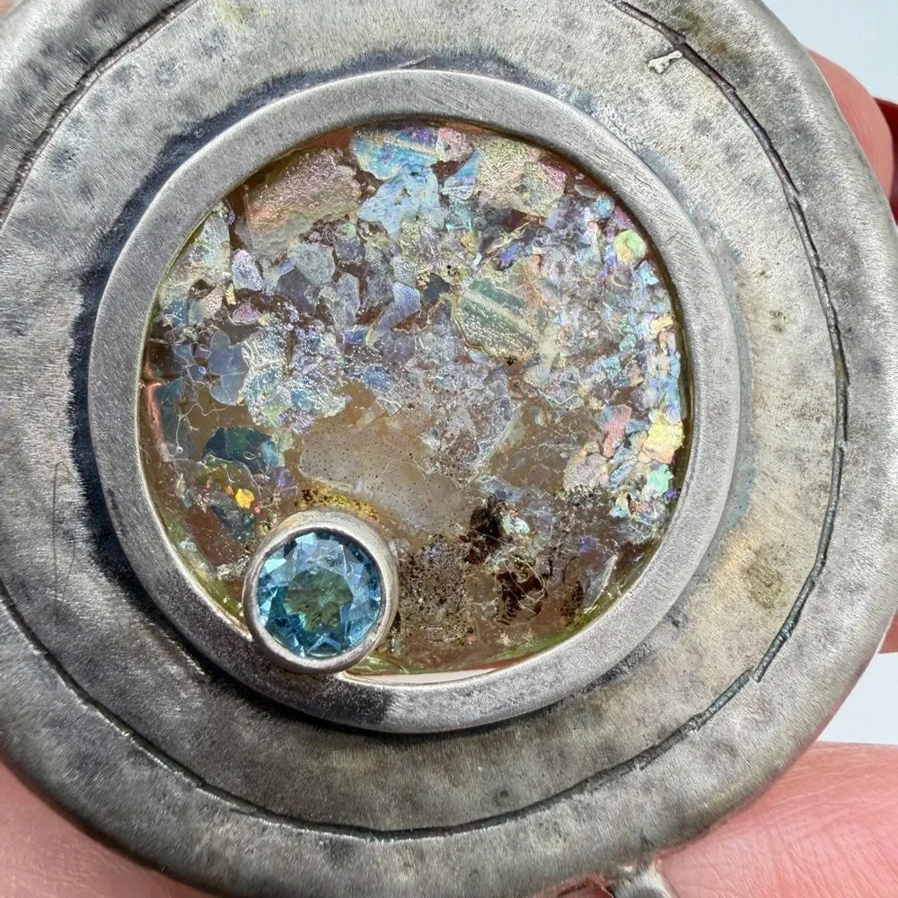 Amazing, Israel made sterling silver Roman Glass, Blue Topaz Pin/Brooch/Pendant!
